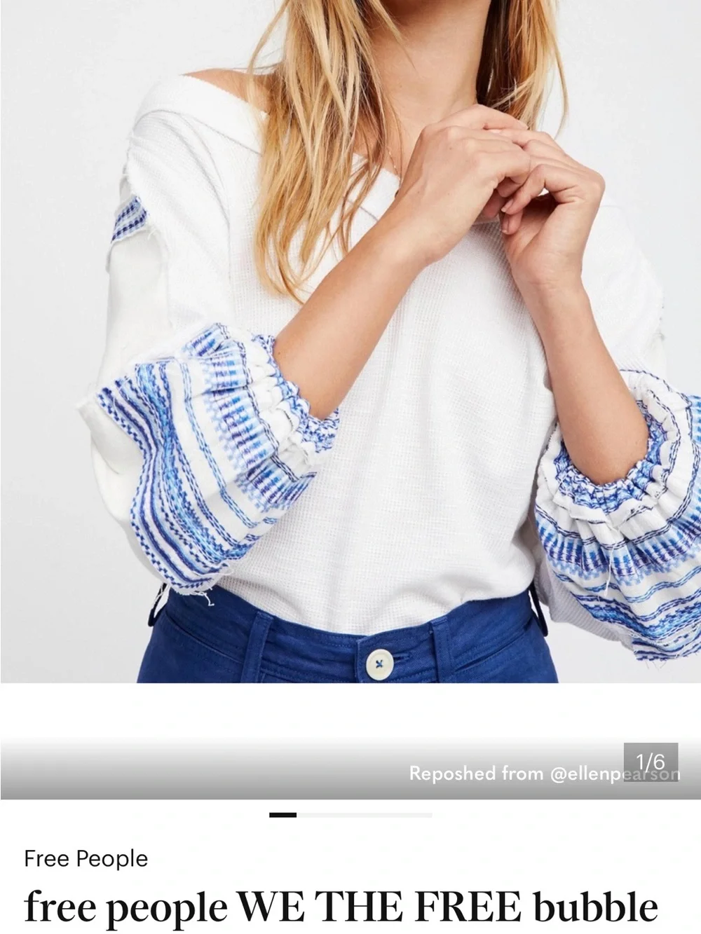 Free People White Top with Blue Striped Bubble Sleeves